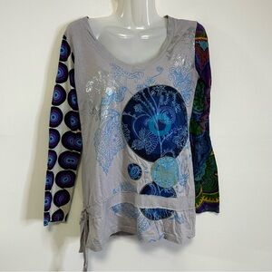 Desigual Multi Pattern V Neck Long Sleeve Top With Side Tie